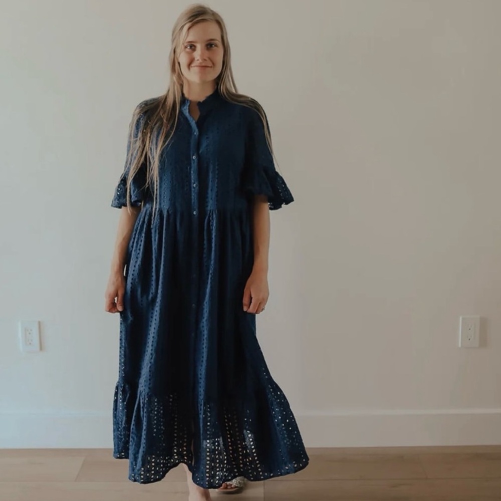 Navy Blue Cotton Eyelet Midi Dress